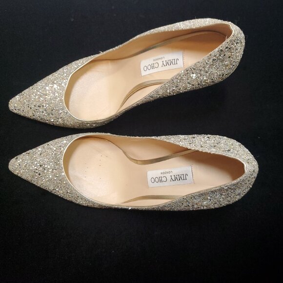 Jimmy Choo Romy Stilletto 85/100mm Champagne Glitter Pointed-Toe Pump - Picture 15 of 16